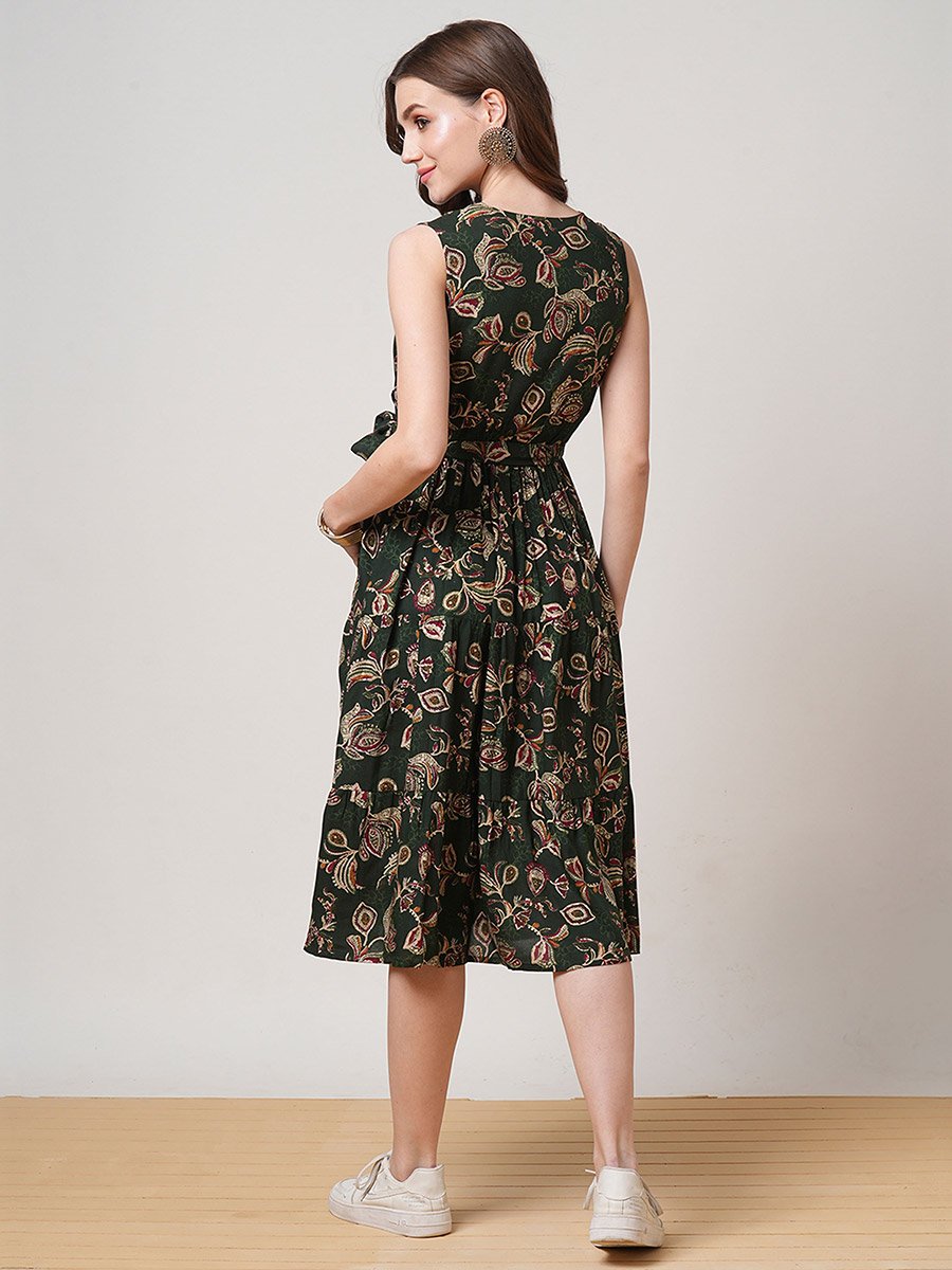 Floral Print Tiered Midi Fusion Dress With Belt