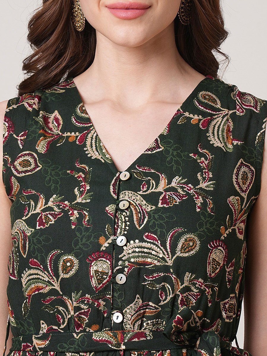 Floral Print Tiered Midi Fusion Dress With Belt
