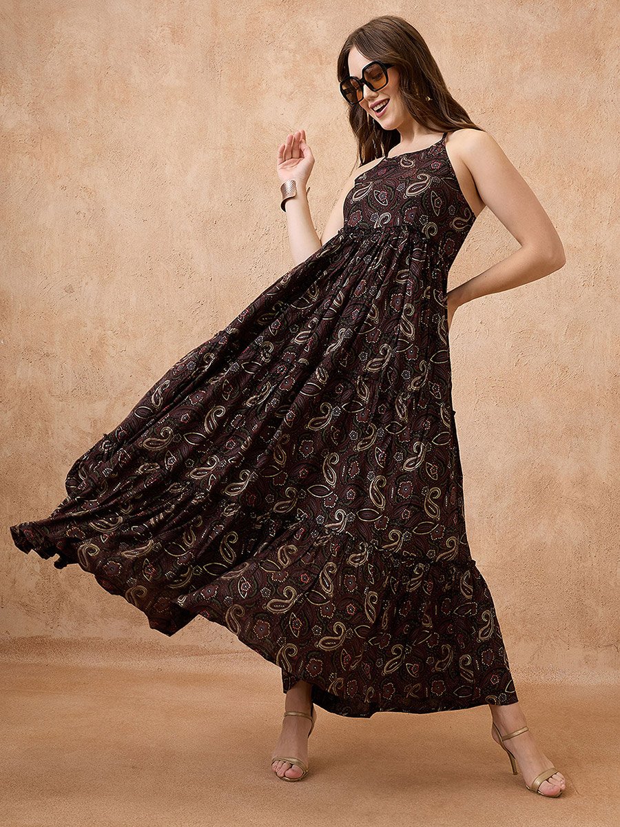 Paisley Print Halter Neck Maxi Fusion Dress