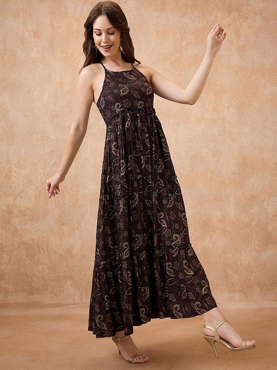 Paisley Print Halter Neck Maxi Fusion Dress