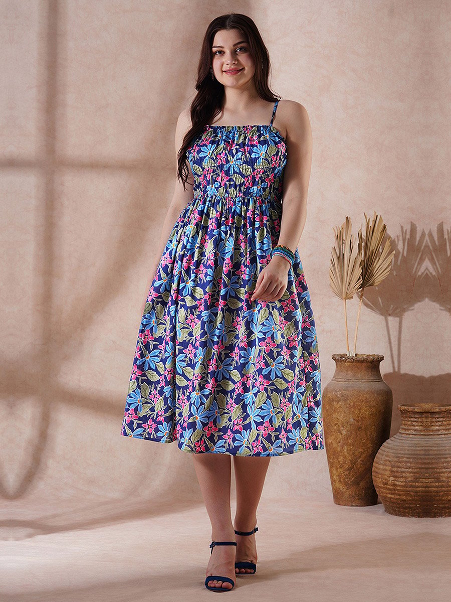 Floral Print Strappy Gathered Midi Fusion Dress