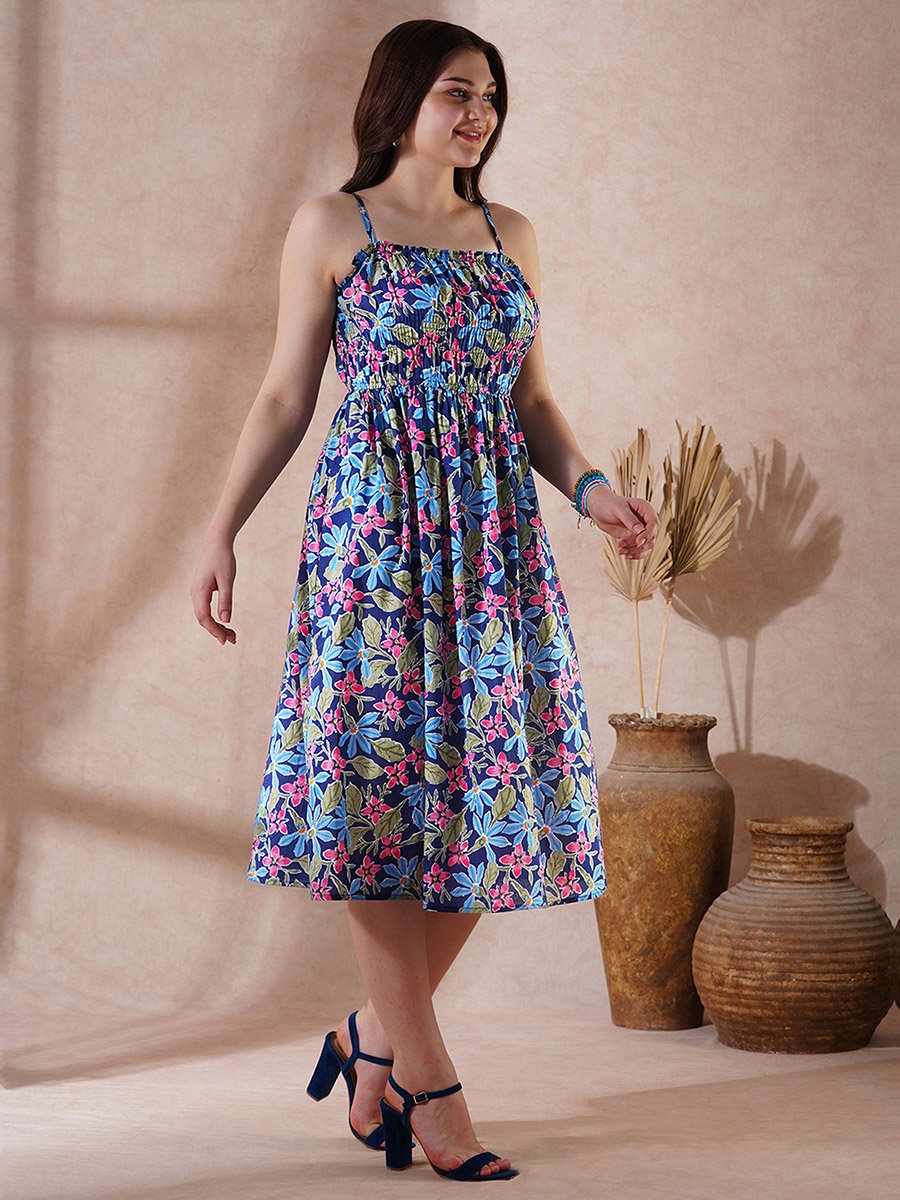 Floral Print Strappy Gathered Midi Fusion Dress