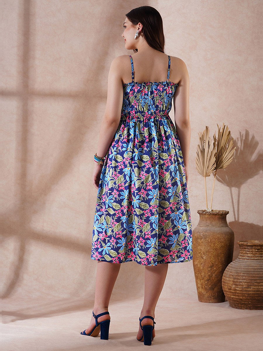 Floral Print Strappy Gathered Midi Fusion Dress