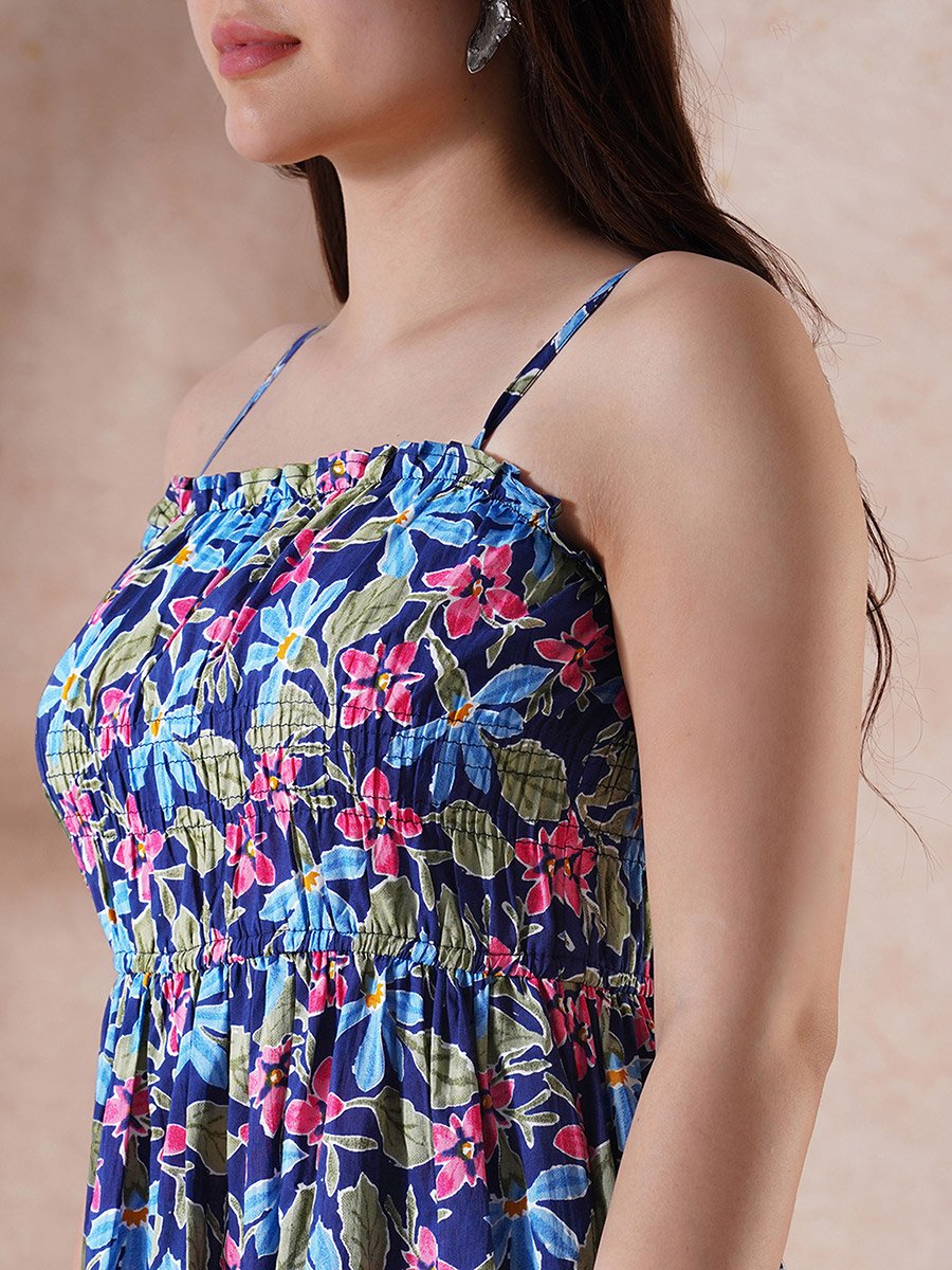 Floral Print Strappy Gathered Midi Fusion Dress