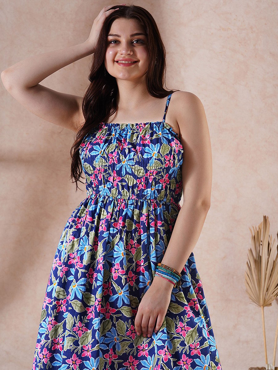 Floral Print Strappy Gathered Midi Fusion Dress