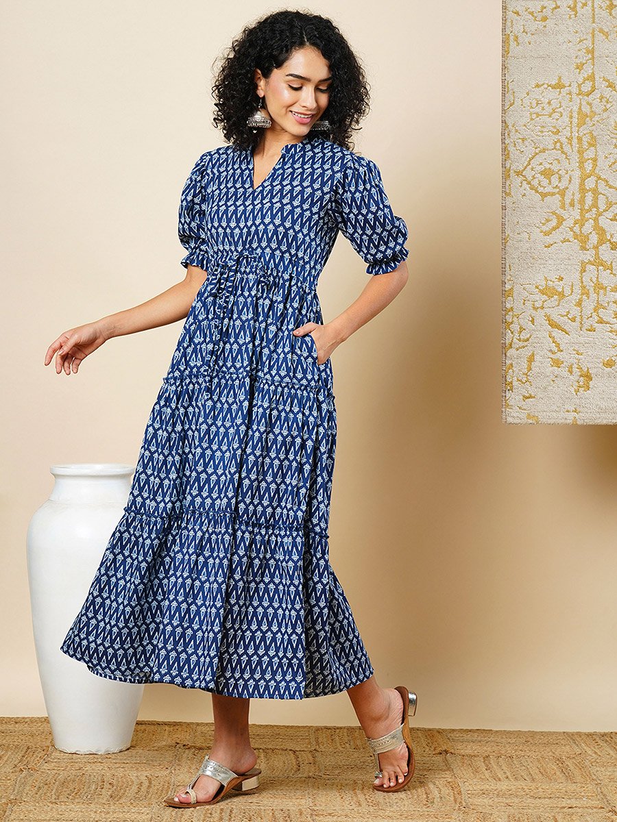 All Over Print Ethnic Motifs Tiered Fusion Maxi Dress