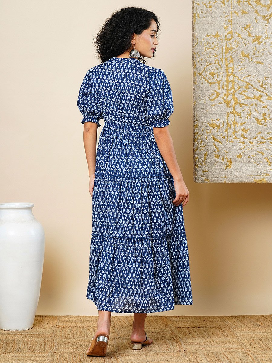 All Over Print Ethnic Motifs Tiered Fusion Maxi Dress