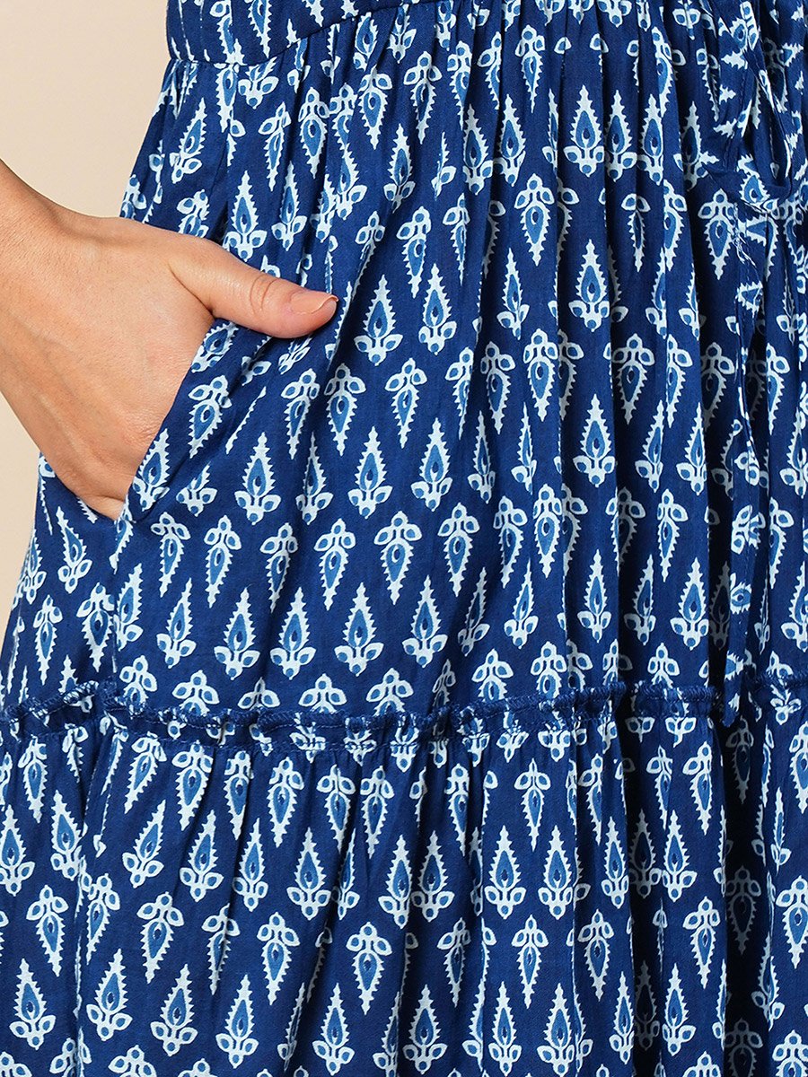 All Over Print Ethnic Motifs Tiered Fusion Maxi Dress