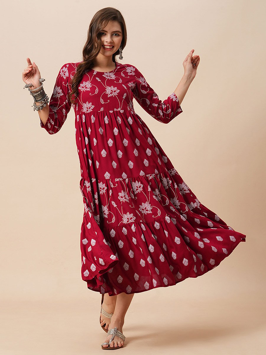 Floral Ethnic Print Gathered Tiered Midi Dress