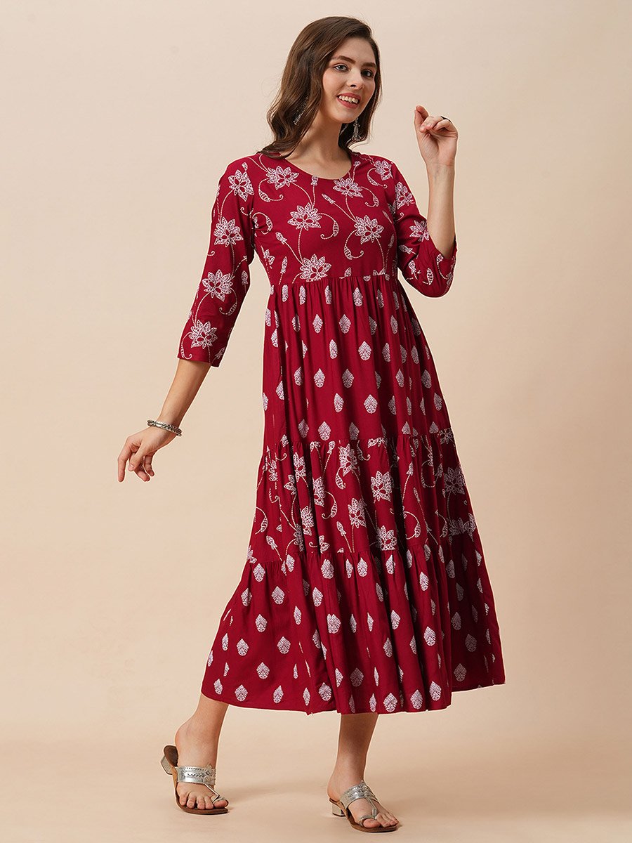 Floral Ethnic Print Gathered Tiered Midi Dress