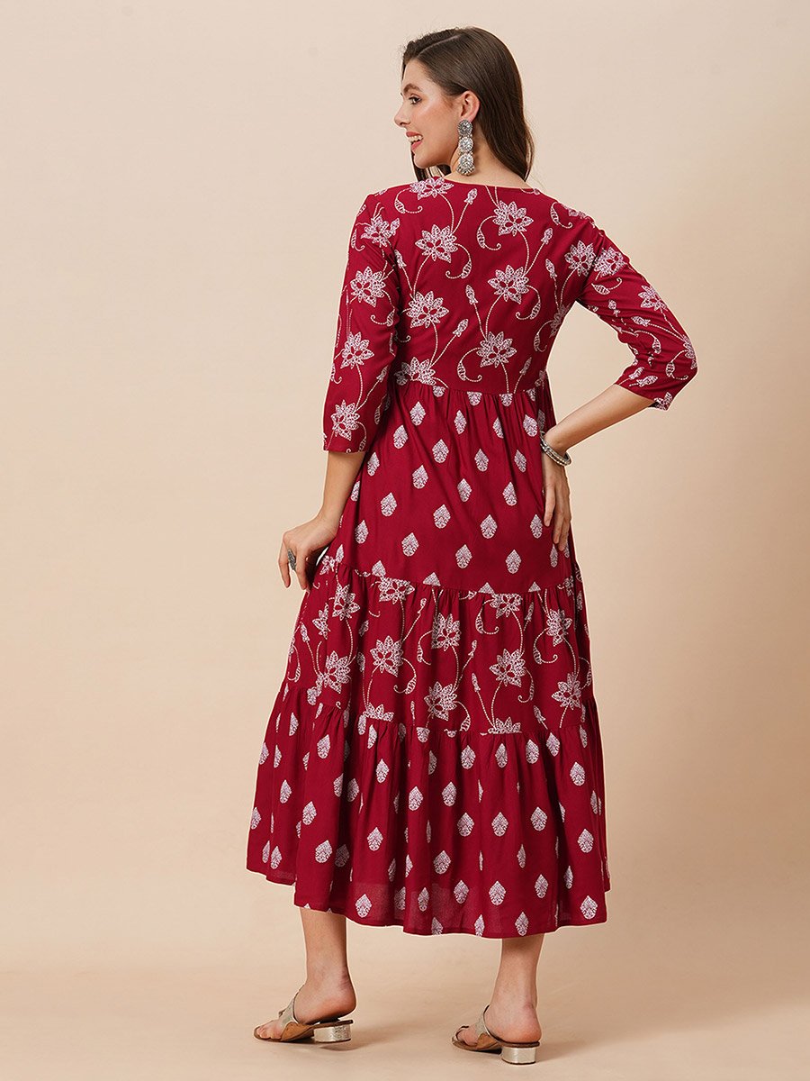 Floral Ethnic Print Gathered Tiered Midi Dress