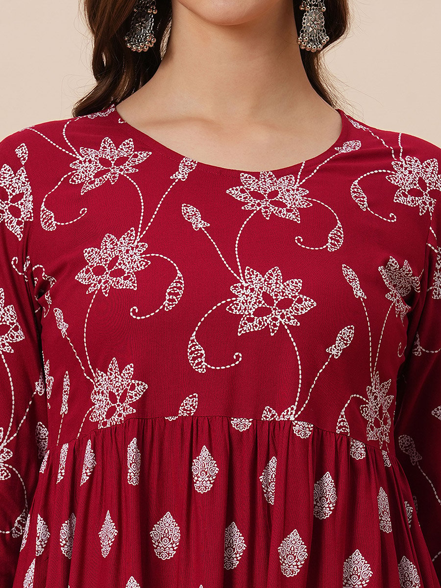 Floral Ethnic Print Gathered Tiered Midi Dress