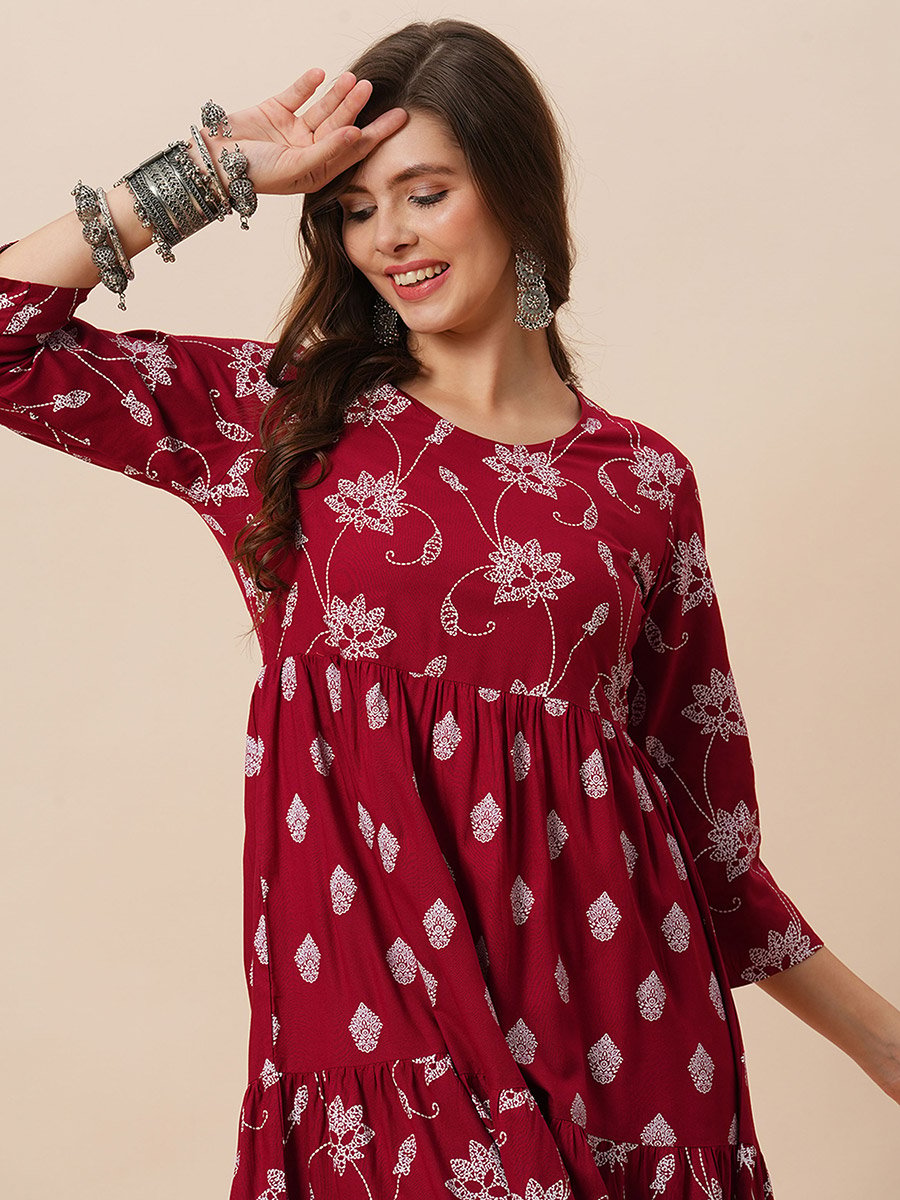 Floral Ethnic Print Gathered Tiered Midi Dress