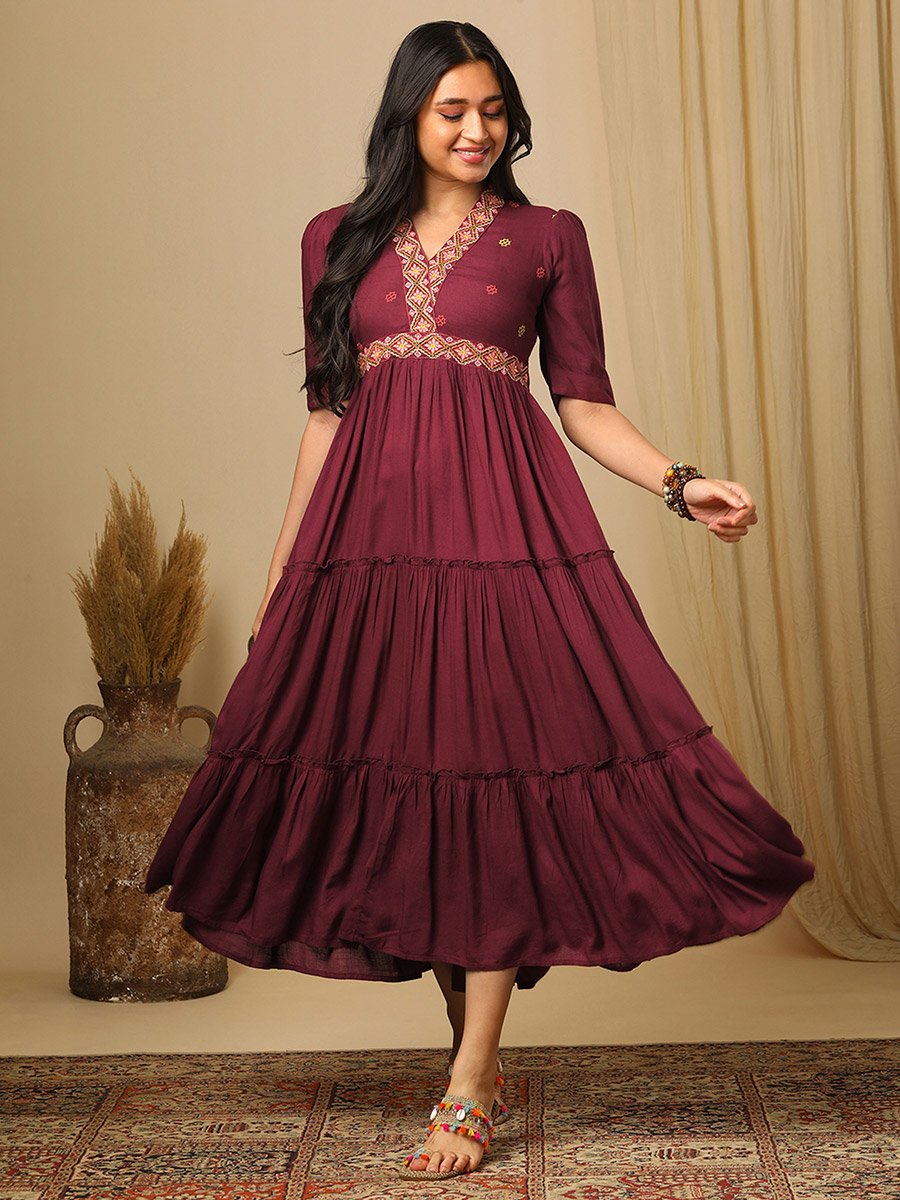 Embroidered Boho Tiered Fusion Maxi Dress For Women at Saudi | Styli