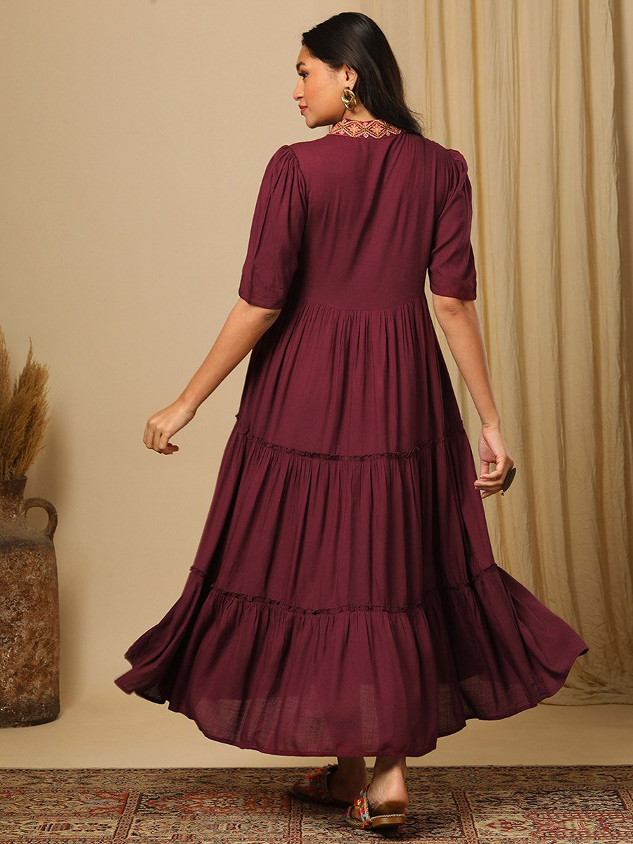 Embroidered Boho Tiered Fusion Maxi Dress For Women at Saudi | Styli