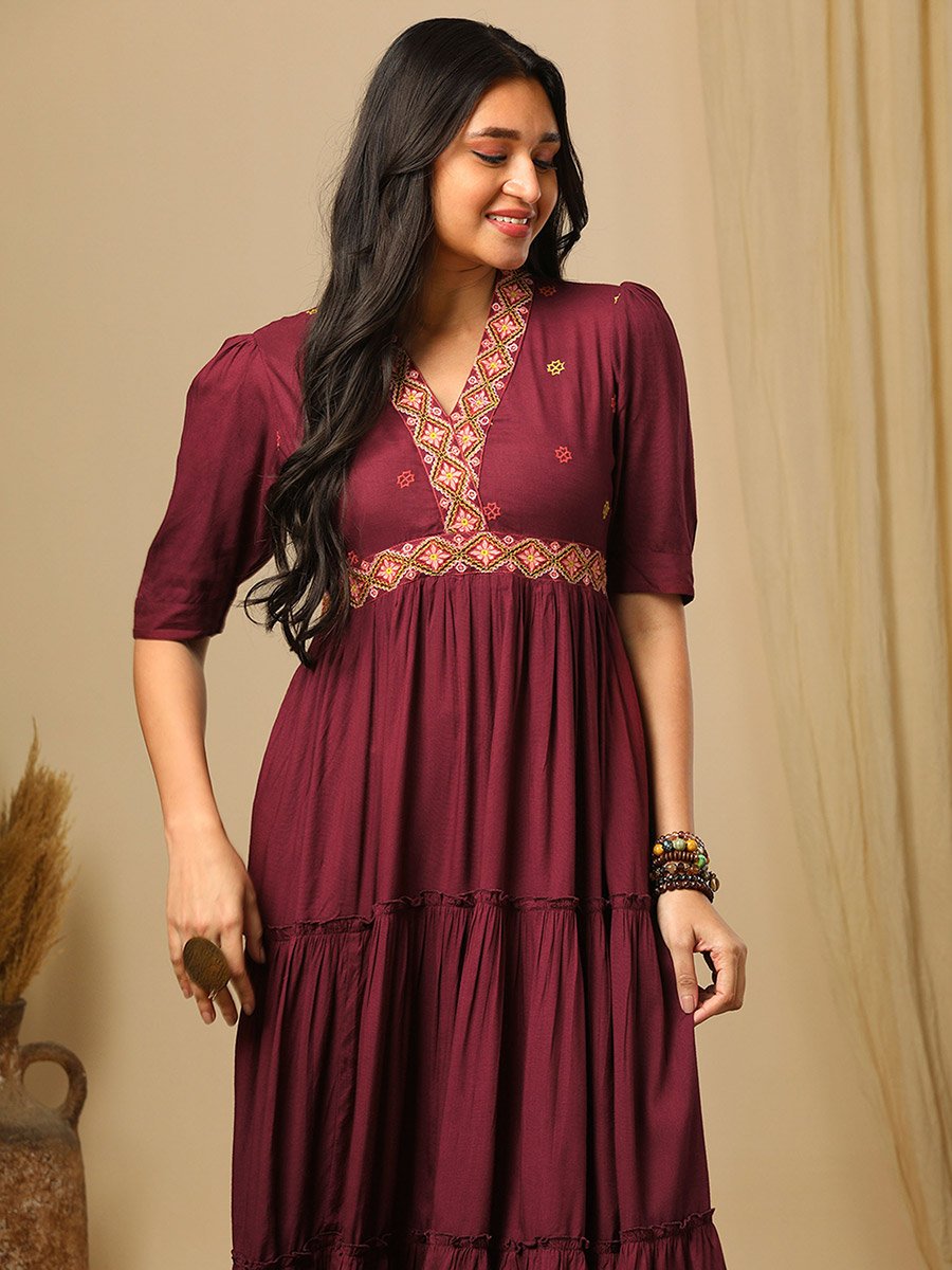 Embroidered Boho Tiered Fusion Maxi Dress For Women at Saudi | Styli