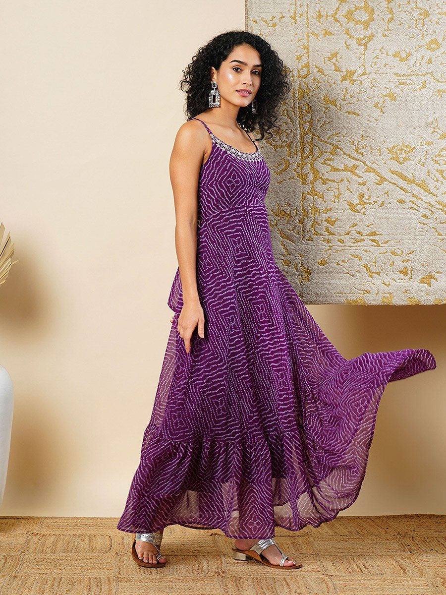 Back Tie-up Flared Hem Bandhani Print Maxi Dress For Women at Bahrain |  Styli
