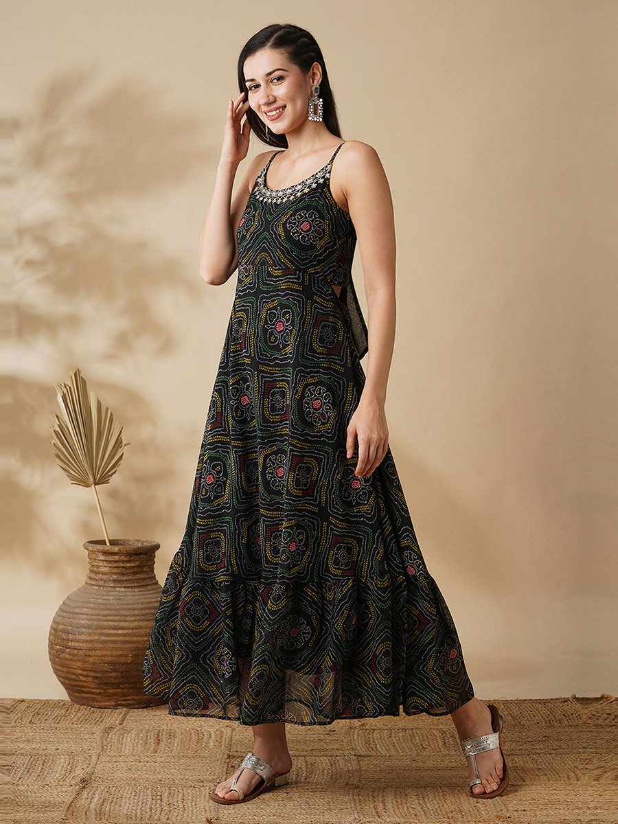 bandhani print maxi dress Divena Navy Blue Bandhani Print Flared Long Dress with Belt divena world