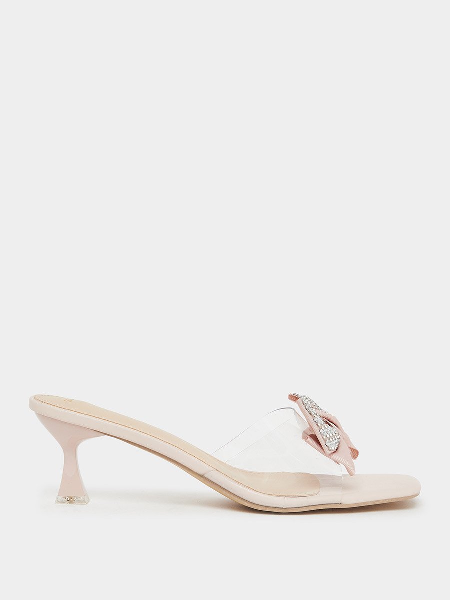 Beige Kitten Heel Sandals with Bow Detail