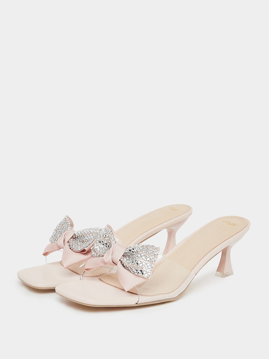 Beige Kitten Heel Sandals with Bow Detail