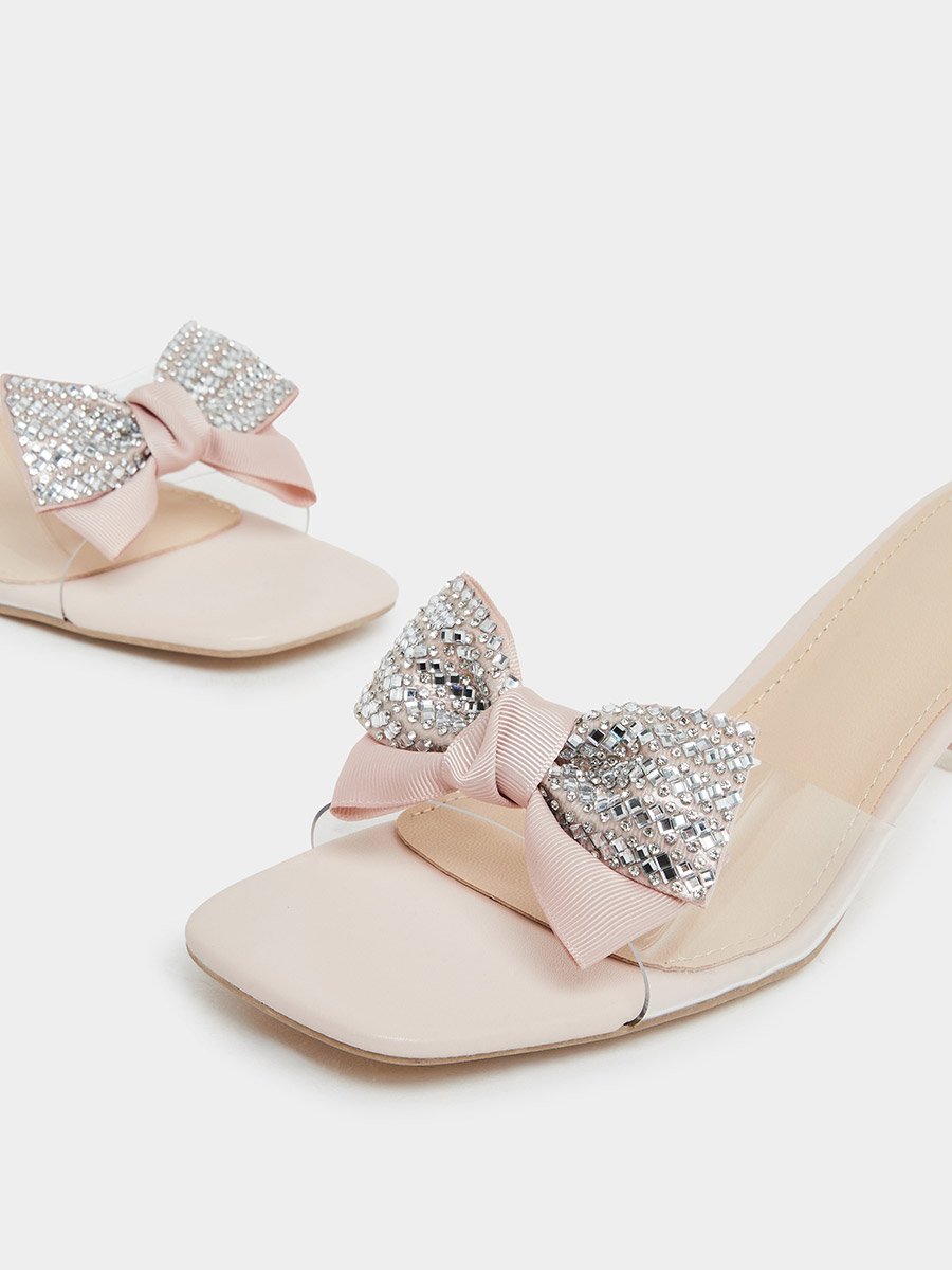 Beige Kitten Heel Sandals with Bow Detail