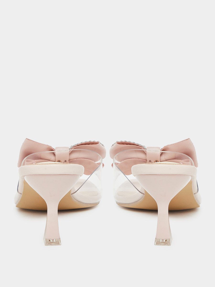 Beige Kitten Heel Sandals with Bow Detail