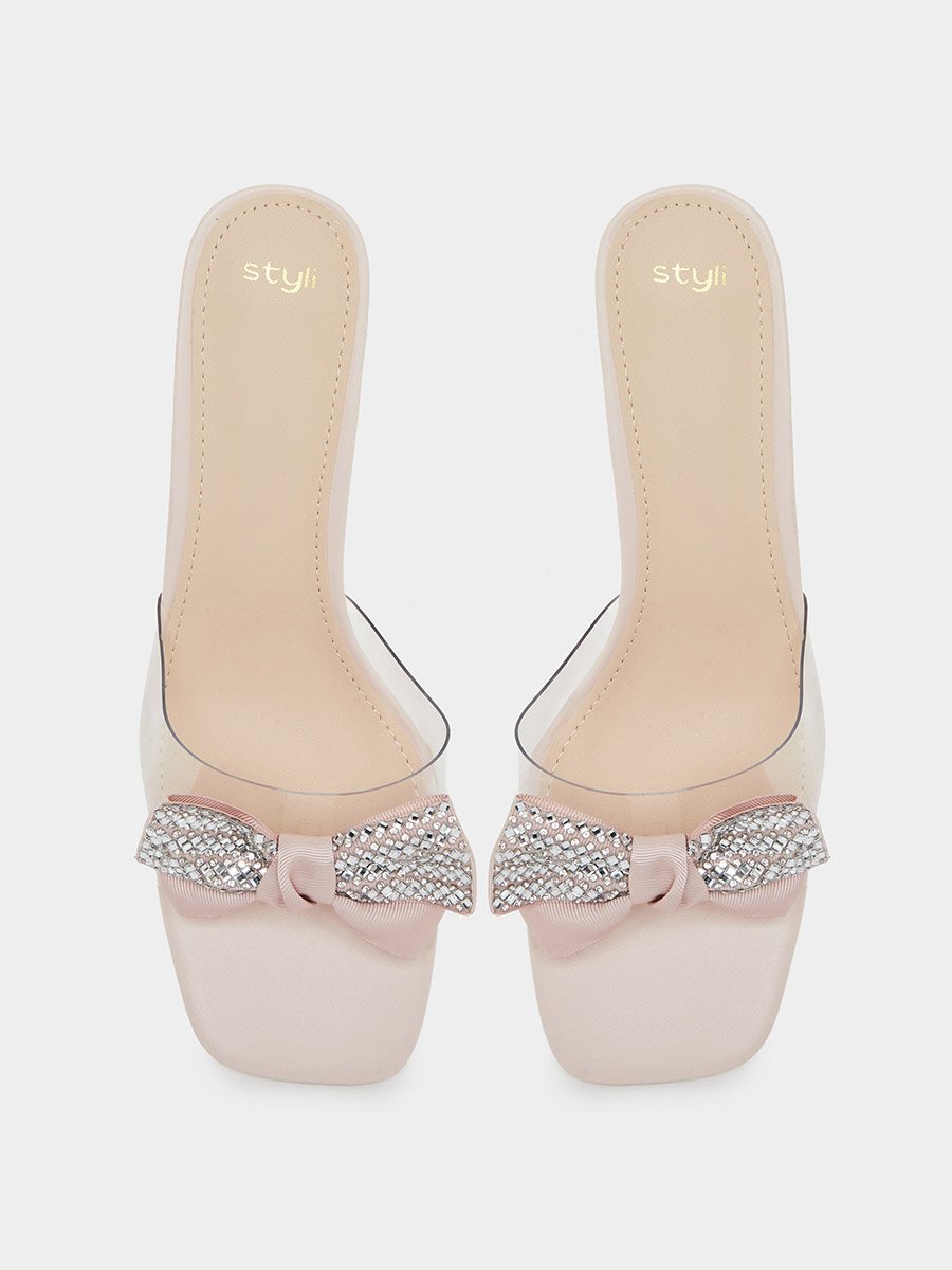 Beige Kitten Heel Sandals with Bow Detail