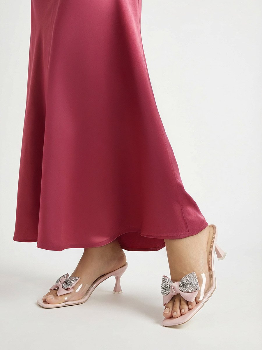 Beige Kitten Heel Sandals with Bow Detail