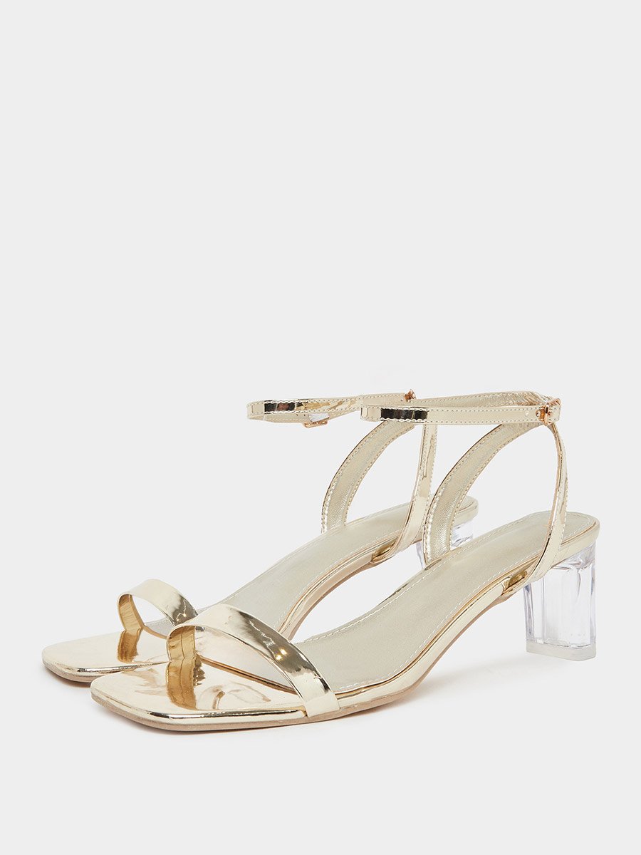 Gold Open Toe Sandals with Clear Perspex Heel