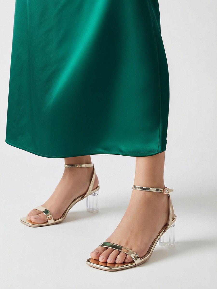 Gold Open Toe Sandals with Clear Perspex Heel