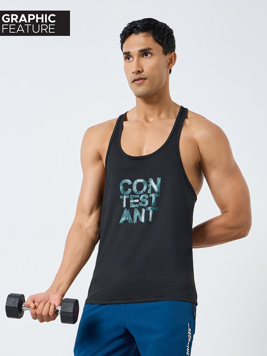 Men Black Graphic Print Training Tank