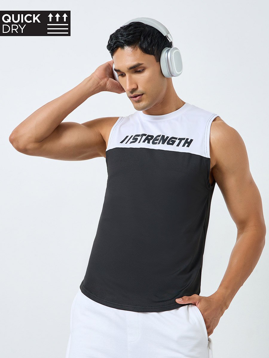 Men Black Color Block Training Tank