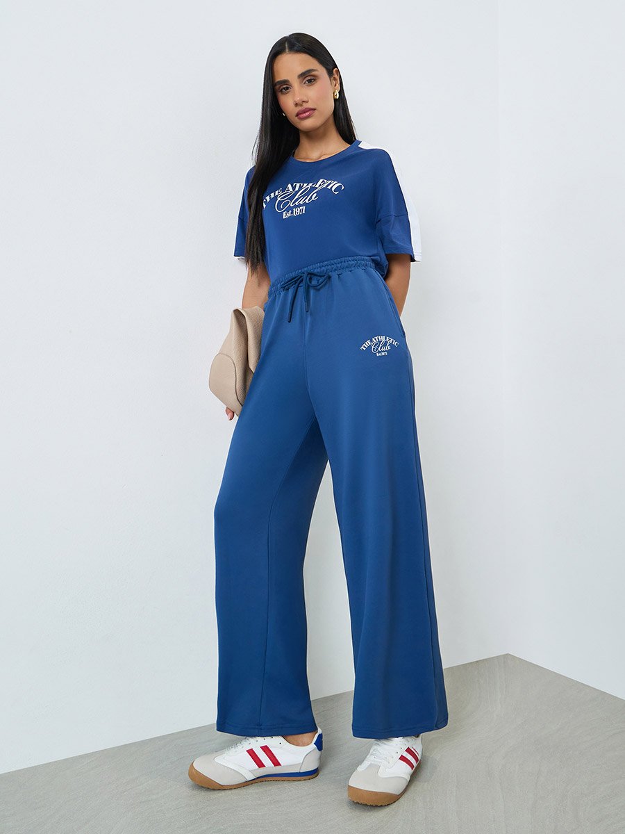 Blue Wide Leg Joggers with Print Detail