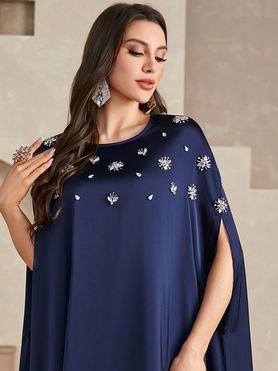 Navy Blue Embellished Batwing Sleeve Maxi Dress