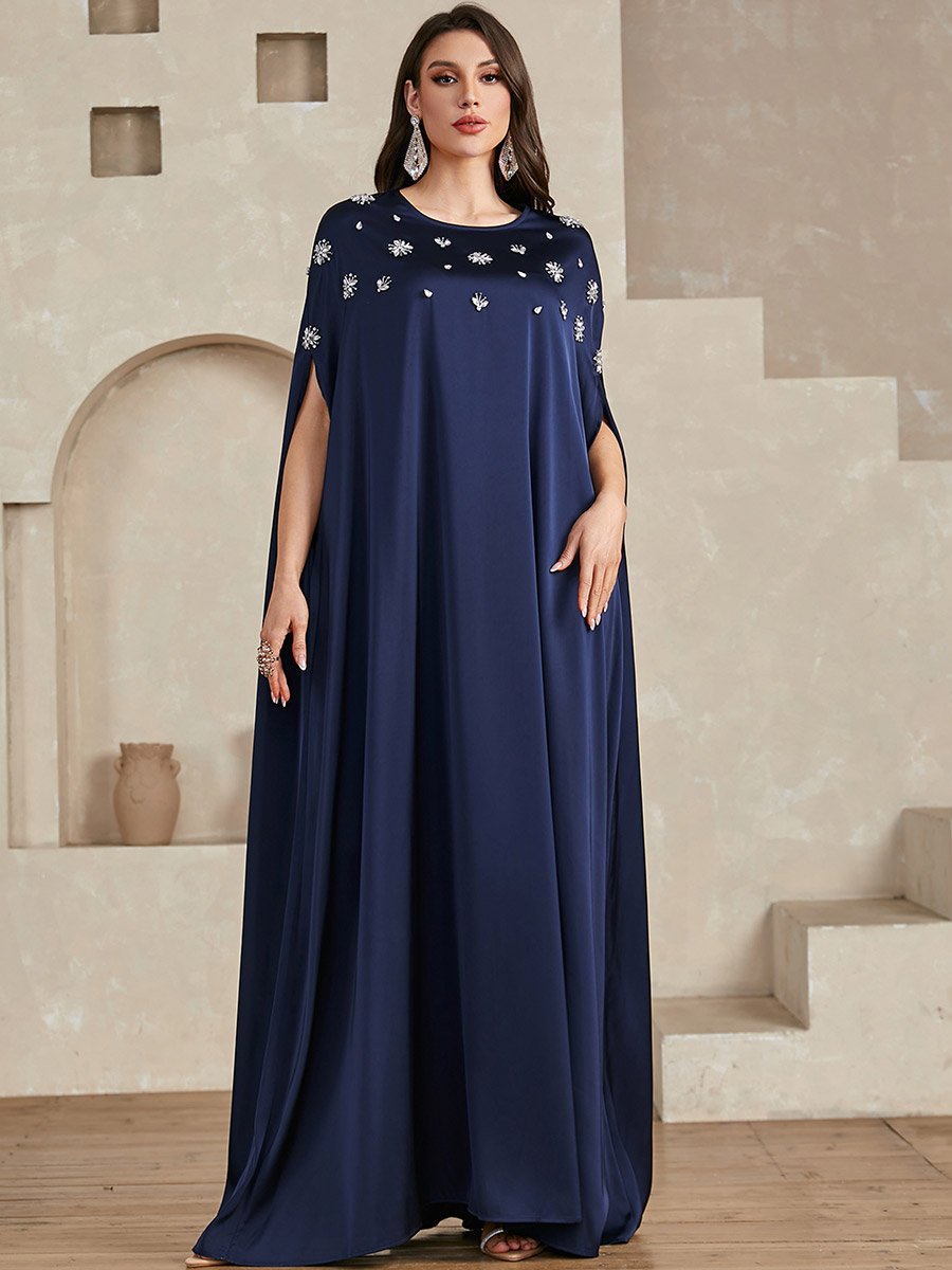 Navy Blue Embellished Batwing Sleeve Maxi Dress