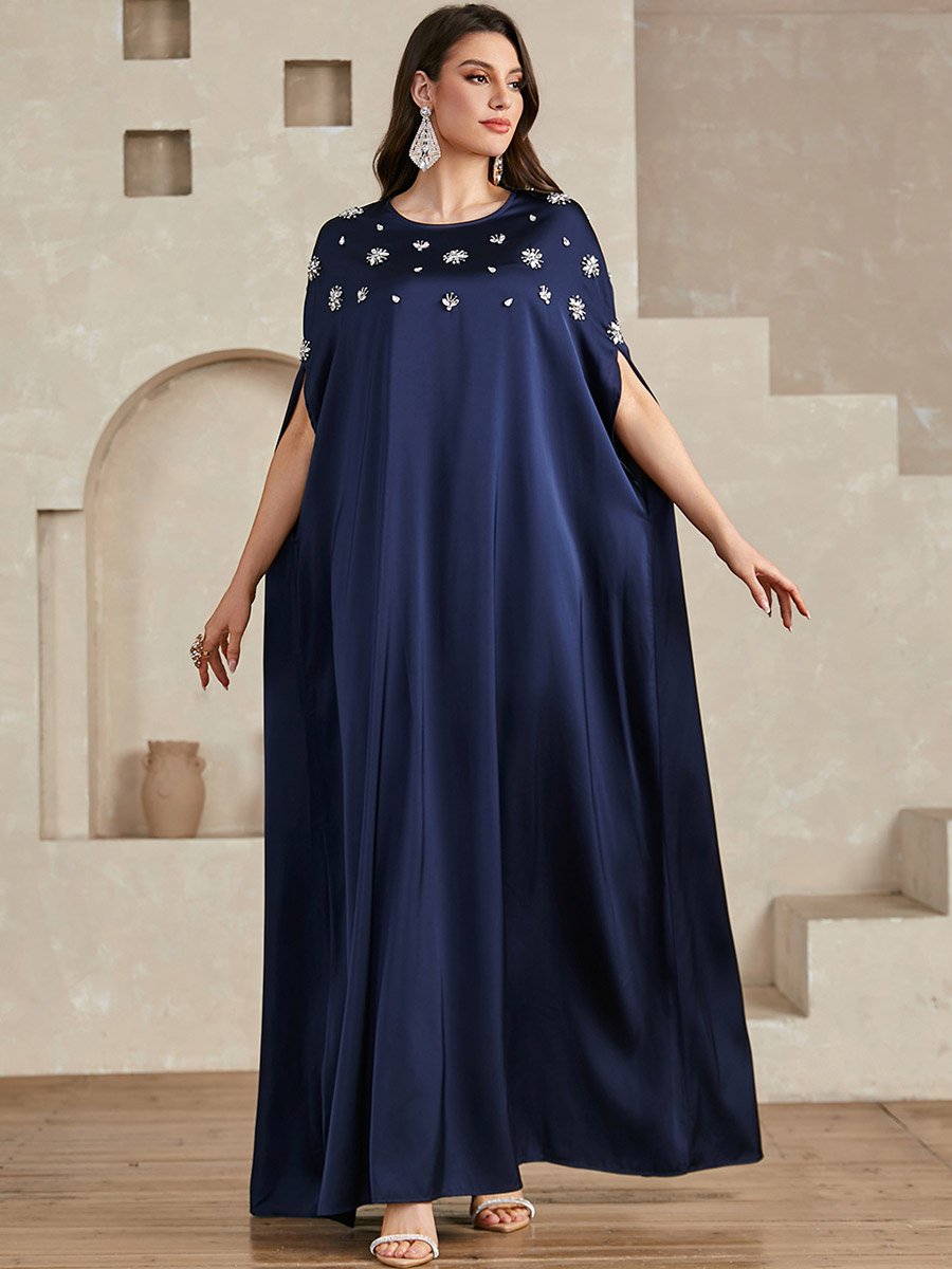 Navy Blue Embellished Batwing Sleeve Maxi Dress
