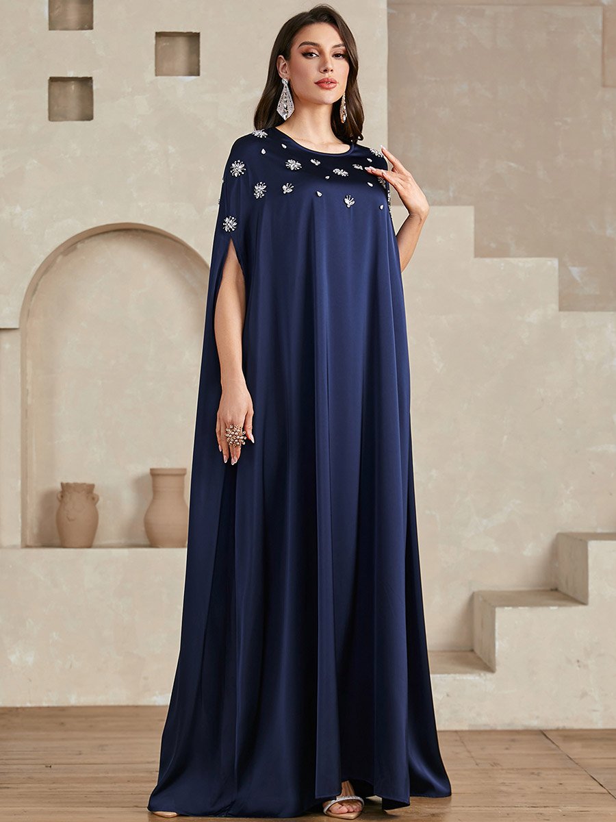 Navy Blue Embellished Batwing Sleeve Maxi Dress
