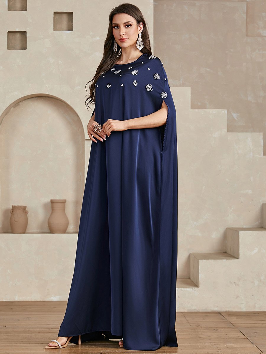 Navy Blue Embellished Batwing Sleeve Maxi Dress