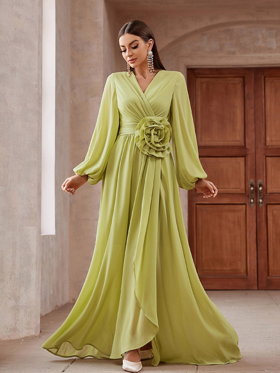Women Pleated Flower Detail Balloon Sleeve Maxi Dress