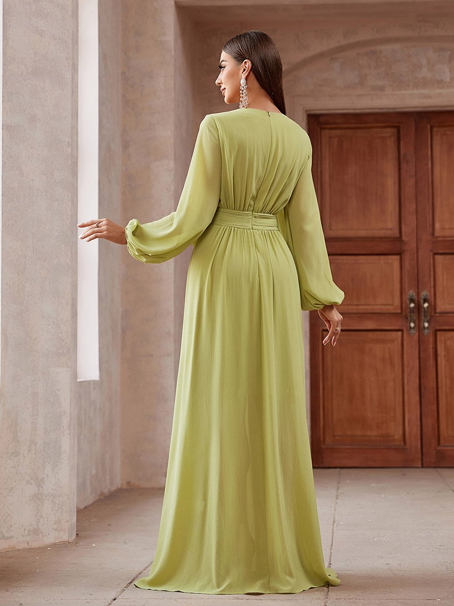 Women Pleated Flower Detail Balloon Sleeve Maxi Dress