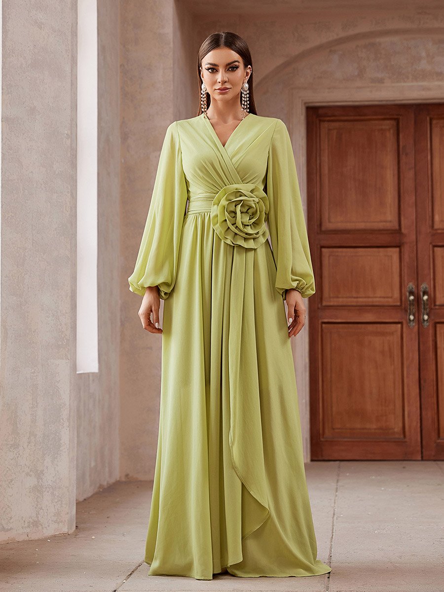 Women Pleated Flower Detail Balloon Sleeve Maxi Dress