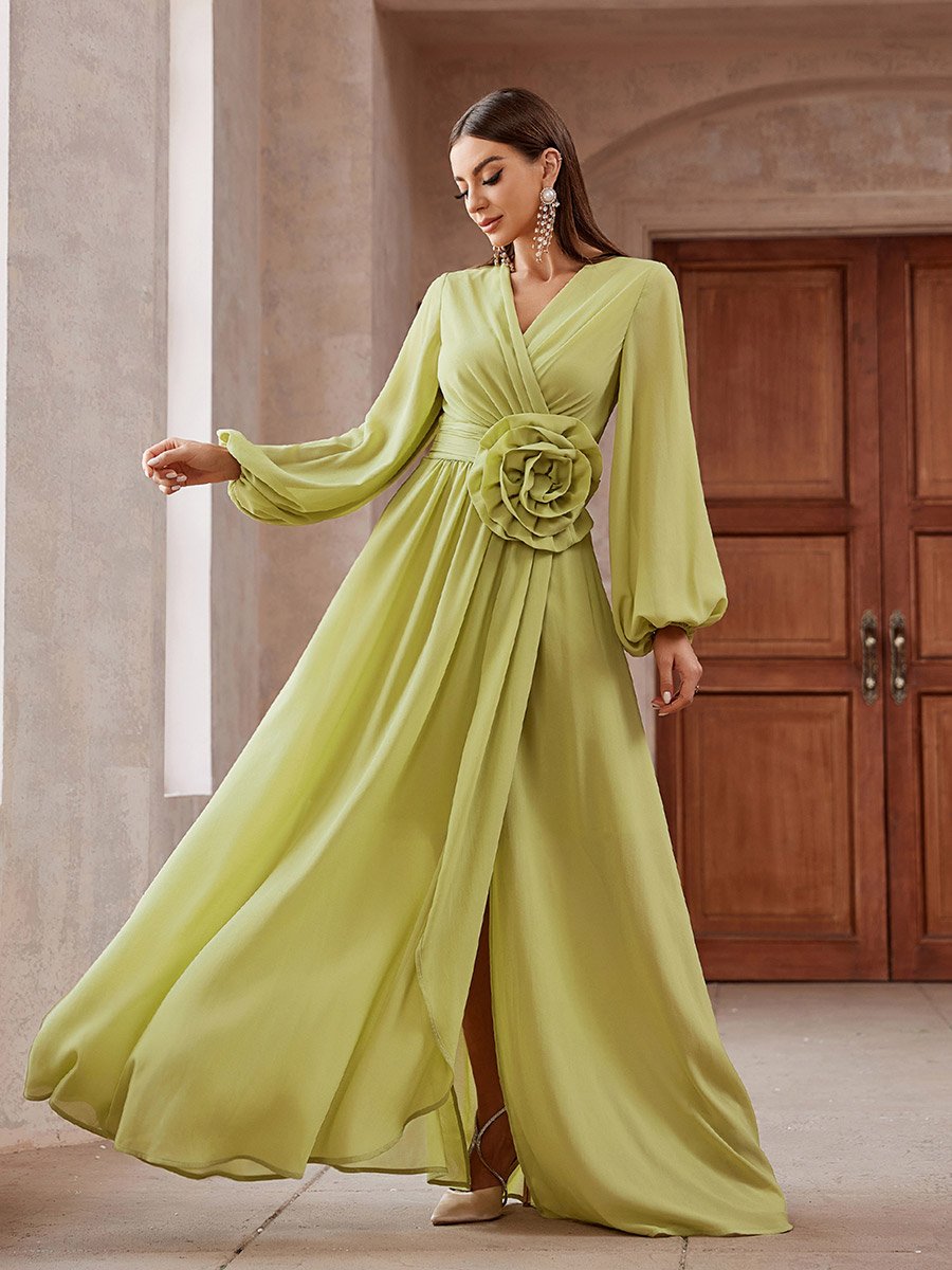 Women Pleated Flower Detail Balloon Sleeve Maxi Dress