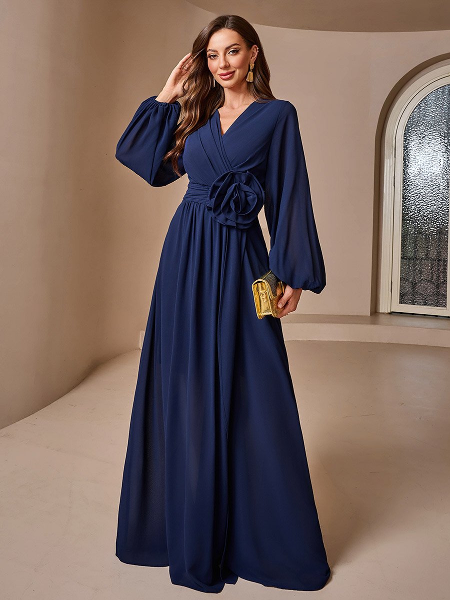 Navy Blue Solid Lantern Sleeve A-Line Maxi Dress with Flower Detail