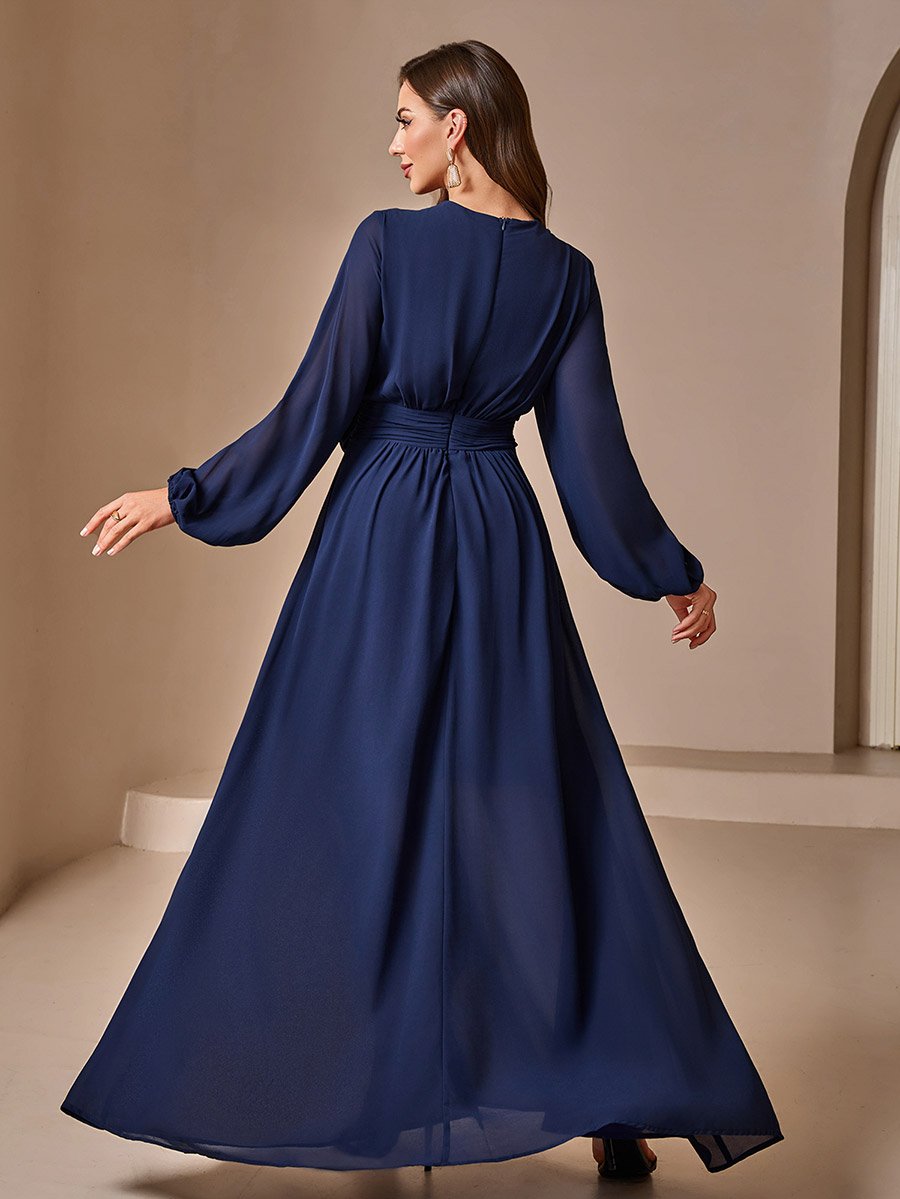 Navy Blue Solid Lantern Sleeve A-Line Maxi Dress with Flower Detail
