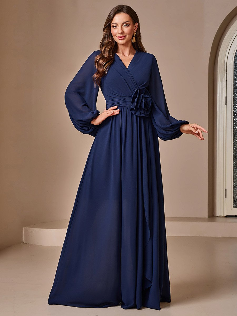 Navy Blue Solid Lantern Sleeve A-Line Maxi Dress with Flower Detail