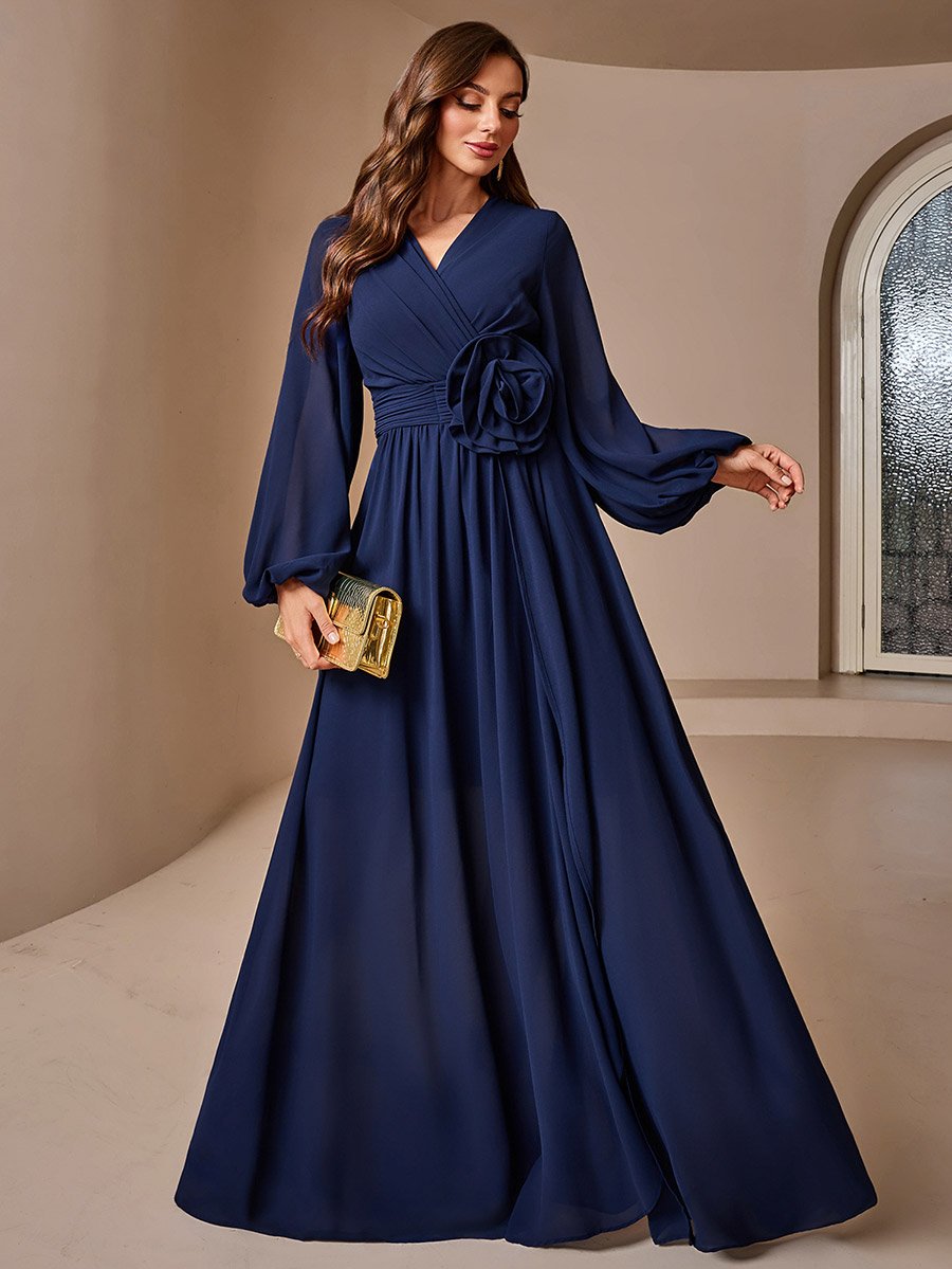 Navy Blue Solid Lantern Sleeve A-Line Maxi Dress with Flower Detail
