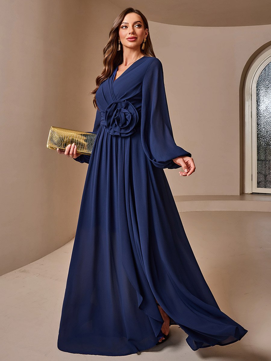 Navy Blue Solid Lantern Sleeve A-Line Maxi Dress with Flower Detail