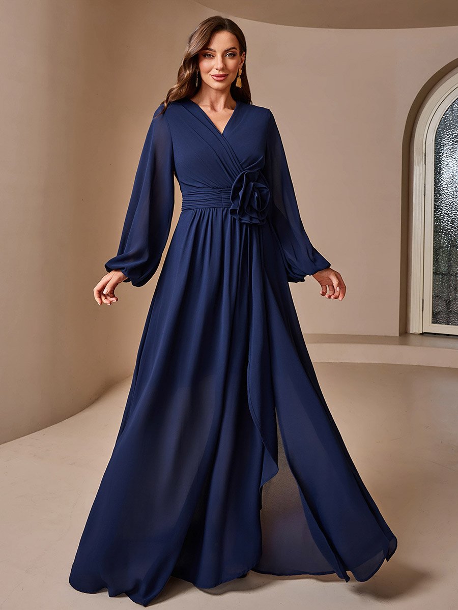 Navy Blue Solid Lantern Sleeve A-Line Maxi Dress with Flower Detail