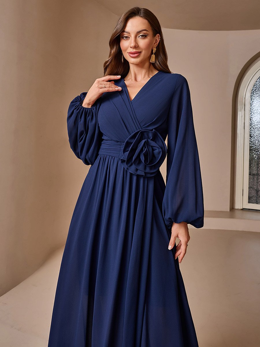 Navy Blue Solid Lantern Sleeve A-Line Maxi Dress with Flower Detail
