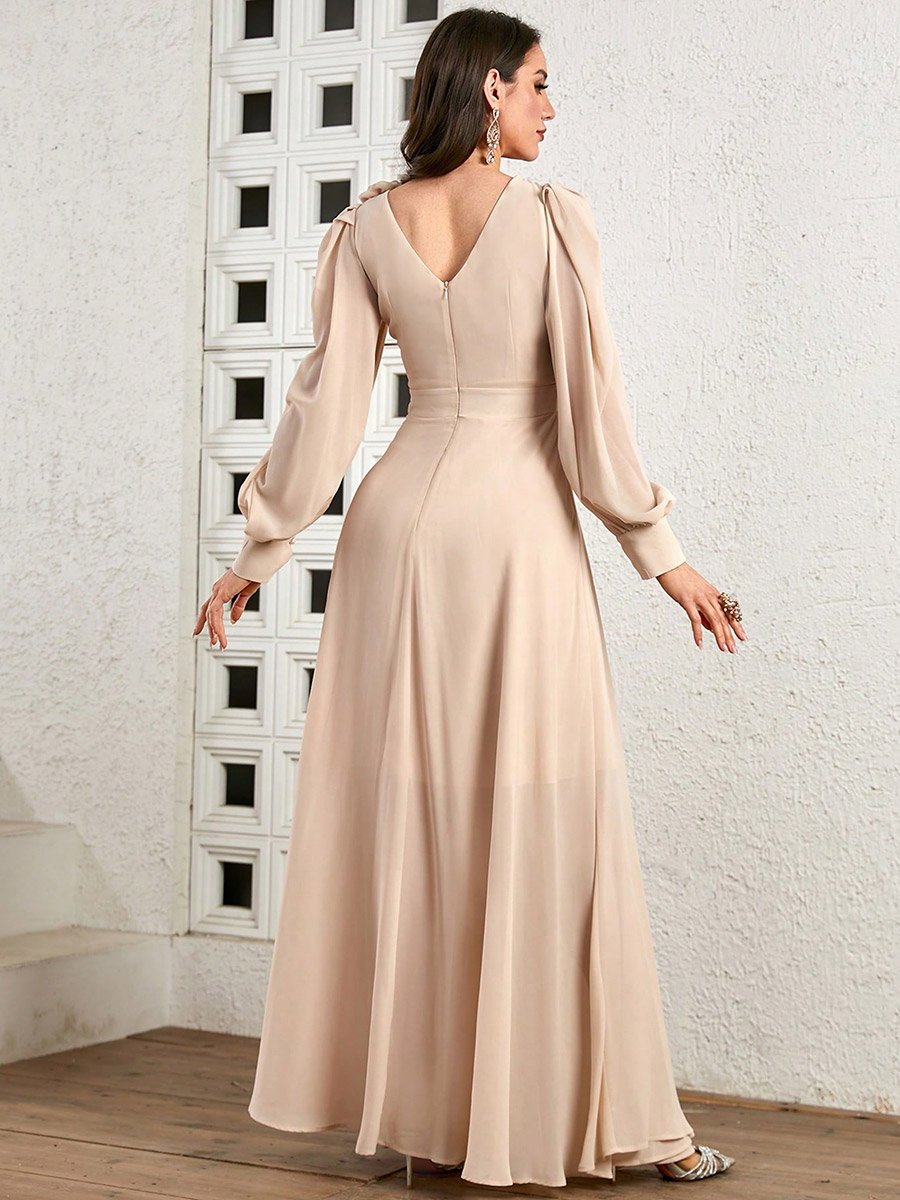 Beige 3D Flower Detail Fold Pleat Maxi Dress